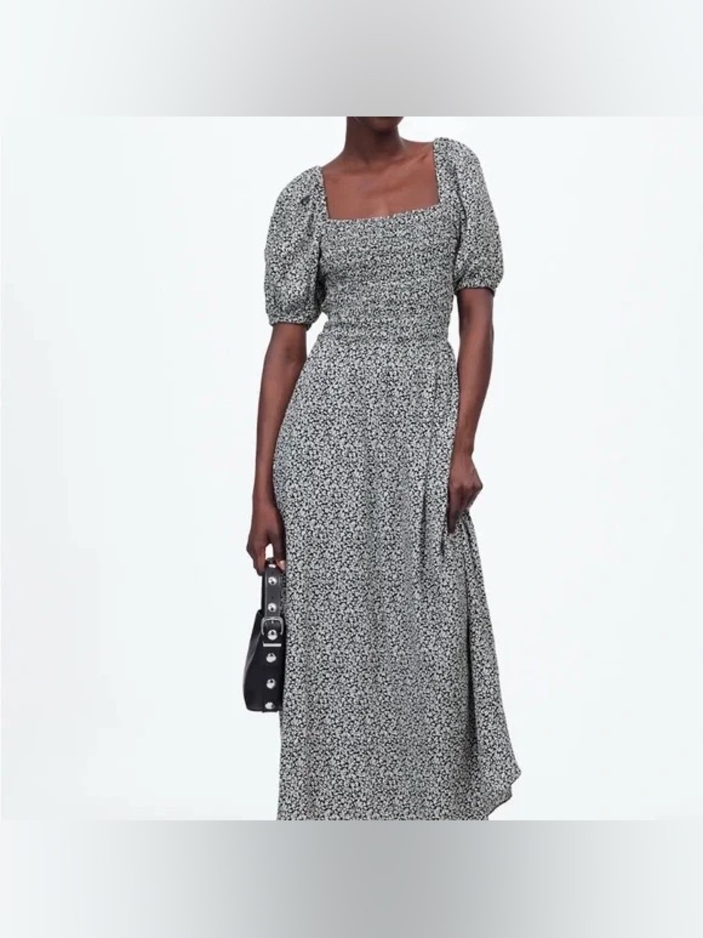 Madewell smocked puff sleeve floral black white midi dress